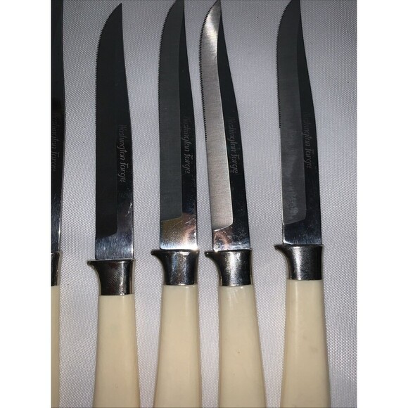 Vintage WASHINGTON FORGE 6 Steak Knife Set Stainless Butterscotch - Picture 4 of 9